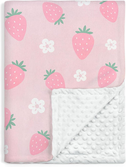 Strawberry Minky Baby Blanket 30 x 40 Inches for Girls, Soft Plush Receiving Blanket with Dotted