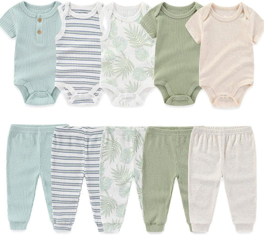 Kiddiezoom Newborn Baby Layette Set 10-Piece with Bodysuits and Pants Set for Unisex Baby Gift Sets