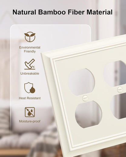 2-Pack Double Duplex Outlet Cover, Light Almond Decorative Switch Plates and Outlet Covers for Electrical Outlets, Durable Natural Bamboo Fiber Wall Plates, 2 Gang Receptacle Cover