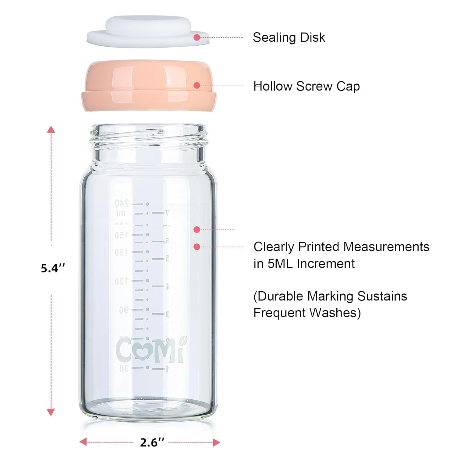 COMI Wide Neck Glass Breastmilk Collection n Storage Bottle, 8oz with Screw Ring Sealing Disk;