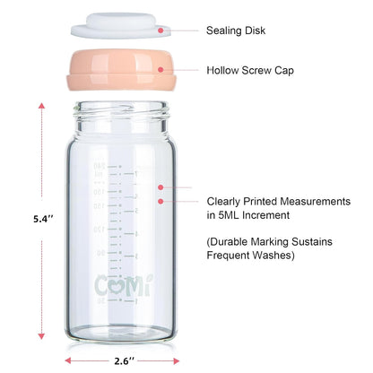COMI Wide Neck Glass Breastmilk Collection n Storage Bottle, 8oz with Screw Ring Sealing Disk;