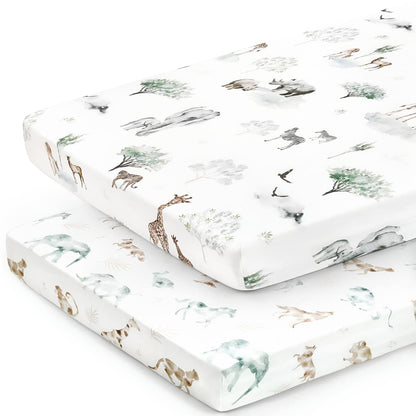 Stretchy Ultra Soft Jersey Knit Fitted Pack n Play Sheets Set 2 Pack, Portable/Mini Crib Sheets for