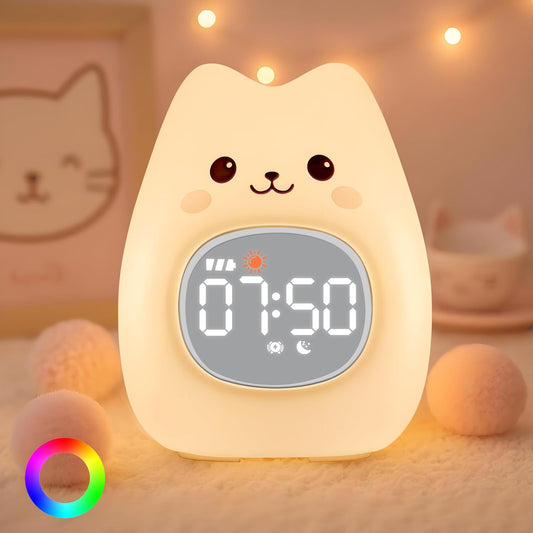 Cat Alarm Clock with Night Light for Kids with Sleep Training and Sound Machine, Rechargeable Silicone Lamp OK to Wake Clock，Cute Animal Tabletop Lamp, Perfect Sleep Companion for Boys Girls