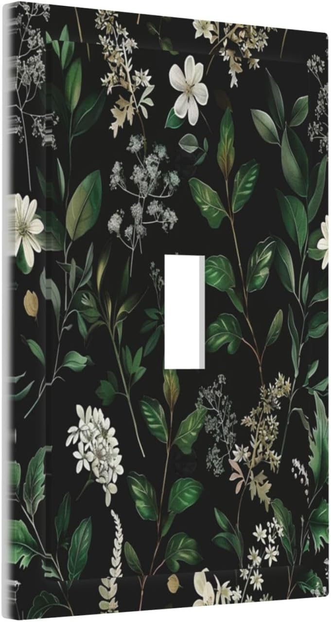 Decorative Switch Covers Plate Rustic Green Leaves White Flower 1 Gang Wall Plate Unique Single Toggle Wall Cover Plate Jumbo Electrical Light Switch Plate Faceplate for Country Home Decor