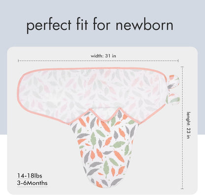 GLLQUEN BABY Swaddle Blankets for Baby Girls, 3-6 Months, Orange Pink Feather & Wave Point, 3 Pack Wrap Set, Newborn Adjustable Swaddles Sleep Sack, (Medium/Large)