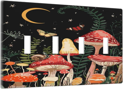 Moon Star Red Mushroom Forest Butterfly Green Plant Light Switch Covers Quad Toggle Electrical Faceplate 4 Gang Wall Plate Decorative Switch Plates for Kids Room Home Decor