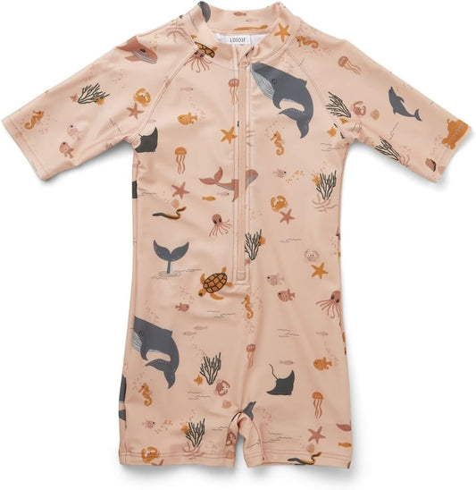 Boys One Piece Swimsuit Whale Dolphin Bathing Suit Zipper Rash Guard Kid Short Sleeve Swimwear Shark Beach Wear UPF50+