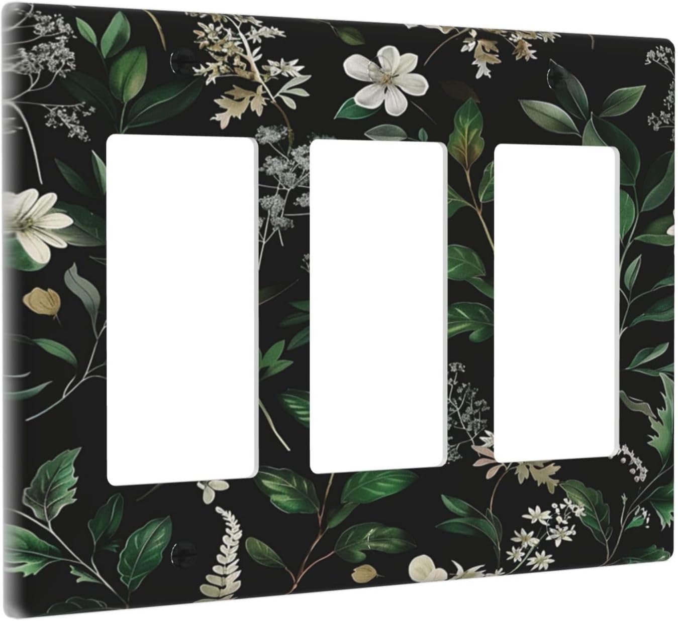 Decorative Outlet Covers Rustic Green Leaves White Flower 3 Gang Wall Plate Triple Rocker Light Switch Cover Plate Jumbo Electrical GFCI Faceplate for Country Bedroom Home Decor