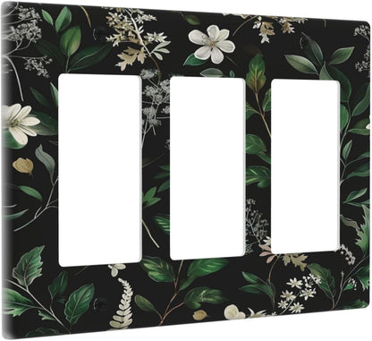 Decorative Outlet Covers Rustic Green Leaves White Flower 3 Gang Wall Plate Triple Rocker Light Switch Cover Plate Jumbo Electrical GFCI Faceplate for Country Bedroom Home Decor
