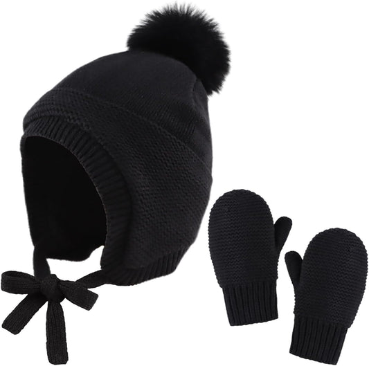 Basic Winter Baby Beanie Gloves Boys Girls Knitted Hat Pompom Kids Earflap Hats Warm Infant Toddler Beanie Mittens Set