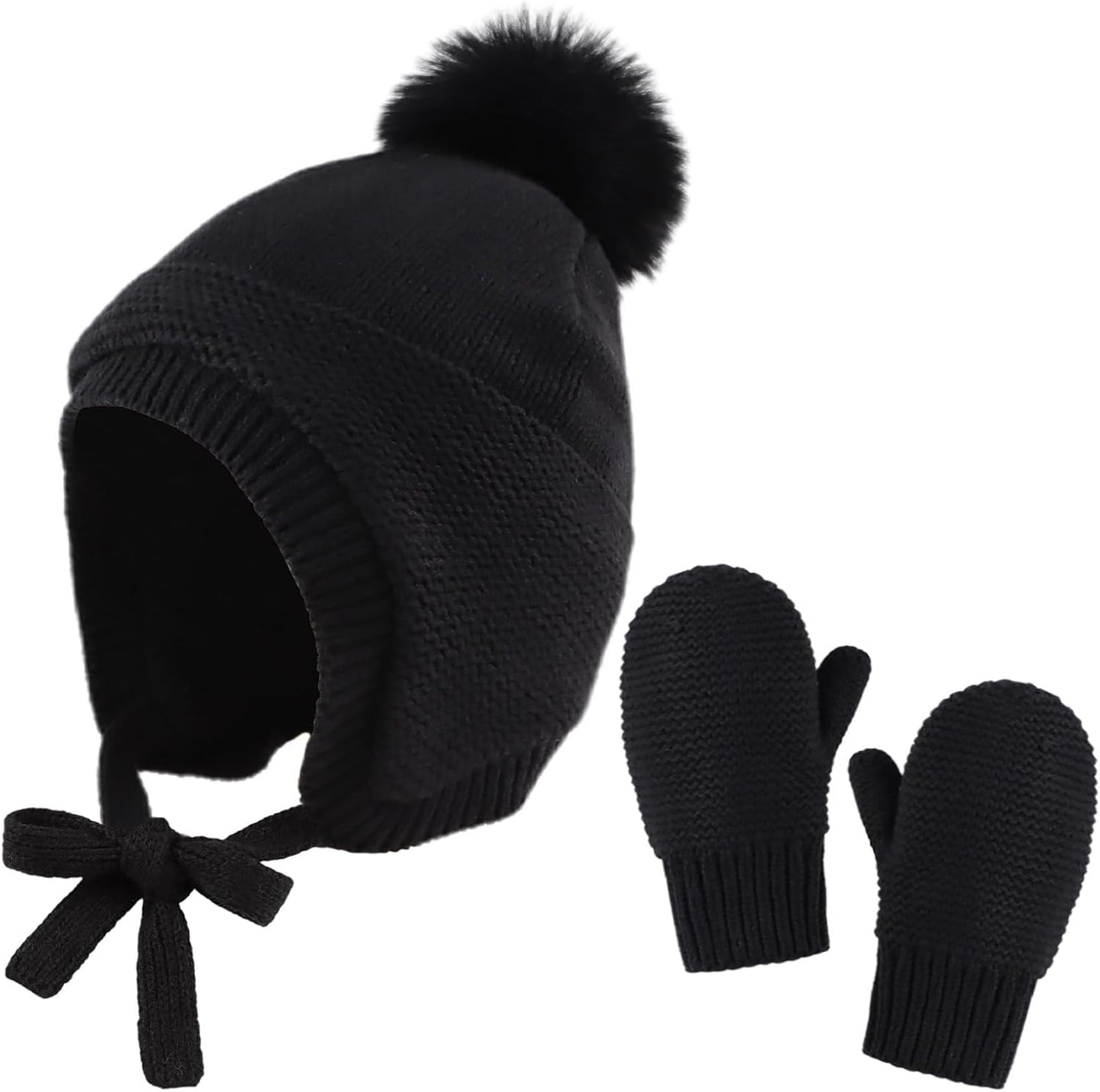 Basic Winter Baby Beanie Gloves Boys Girls Knitted Hat Pompom Kids Earflap Hats Warm Infant Toddler Beanie Mittens Set