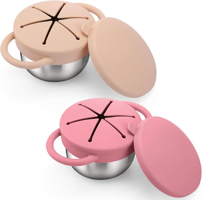 BUSOHA 2 Pack Stainless Steel Toddler Snack Cups - 9 OZ Spill-Proof Baby Snack Containers with