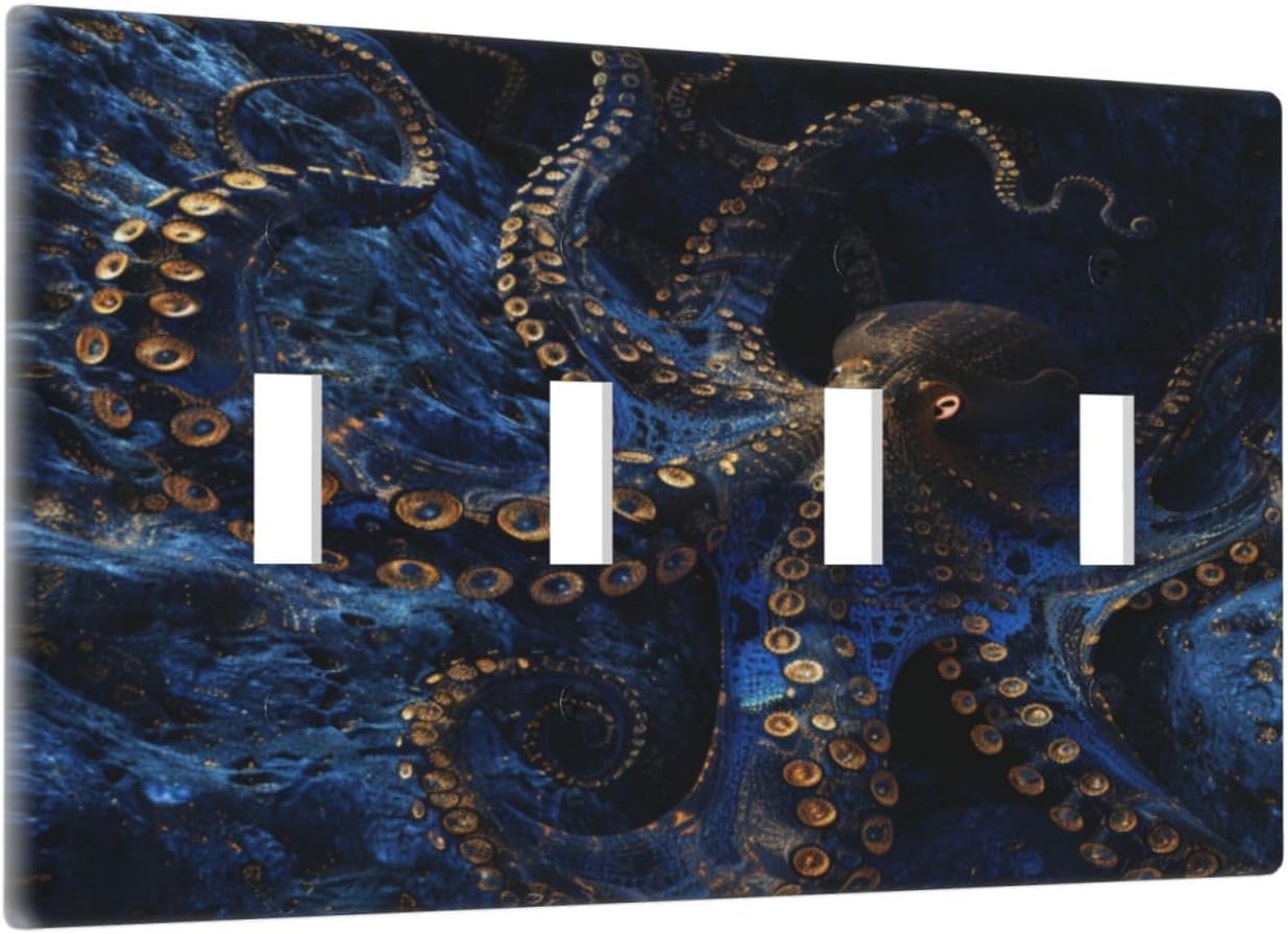 Decorative Switch Covers Plate Horror Night Blue Ocean Evil Octopus 4 Gang Artistic Wall Plate Unique Quad Toggle Light Switch Plate Jumbo Faceplate for Bathroom Bedroom Home Decor