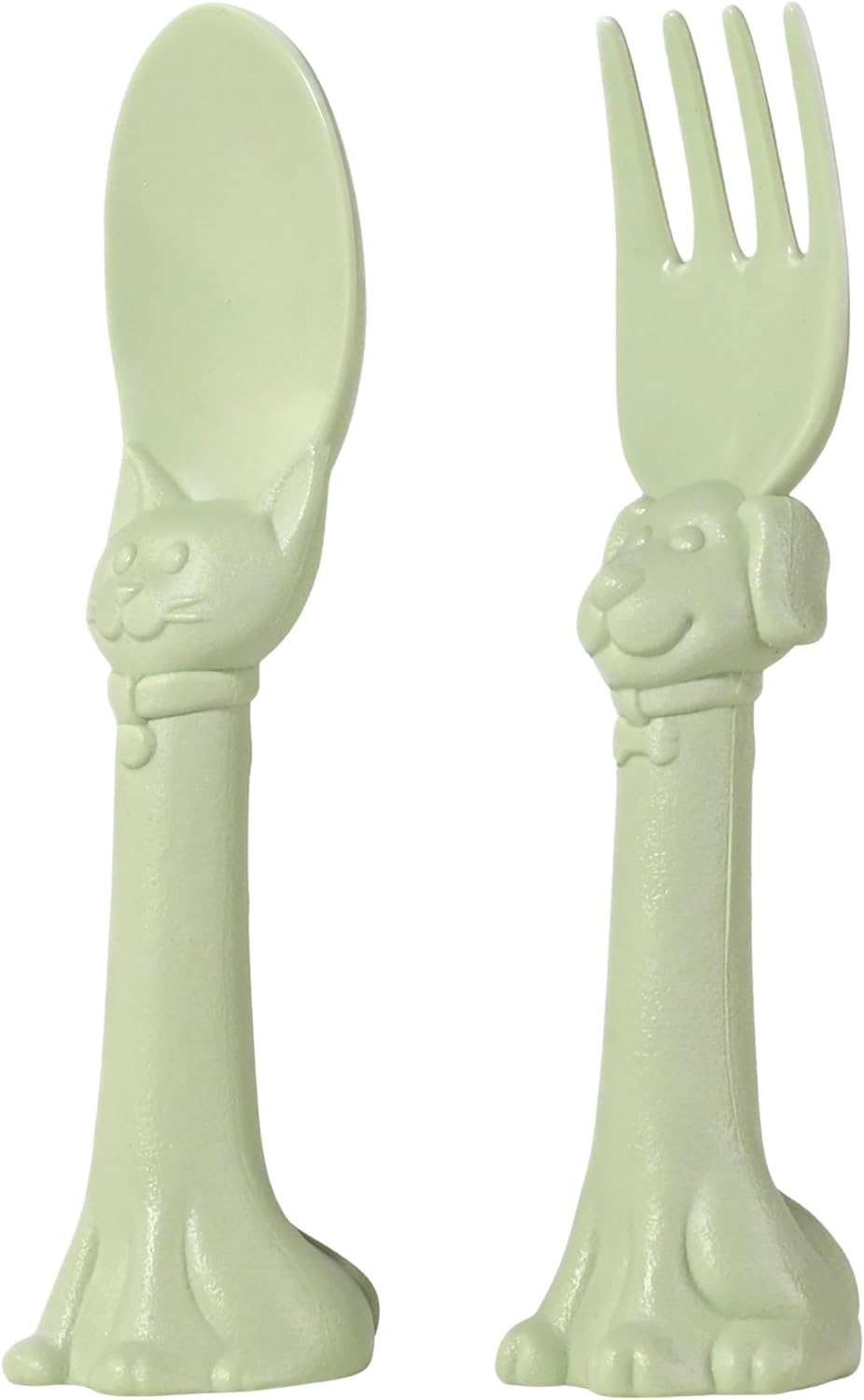 Made in USA Spoon la la Toddler Utensils Set - 2 Pack (1 Spoon & 1 Fork for Kids) - Self-Standing 3D Ergonomic Cat & Dog Handles - BPA-free, Dishwasher Safe, Baby Silverware (Mint Green)