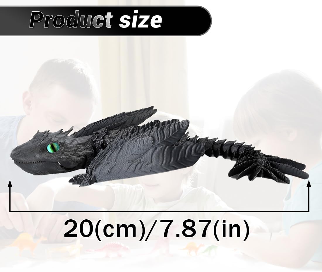 3D Printed Dragon with Wings 3D Printed Animals Articulated Dragon Fidget Dragon 3D Printed Toys Dragon Toy Desk Pets Home Office Decor (Black)