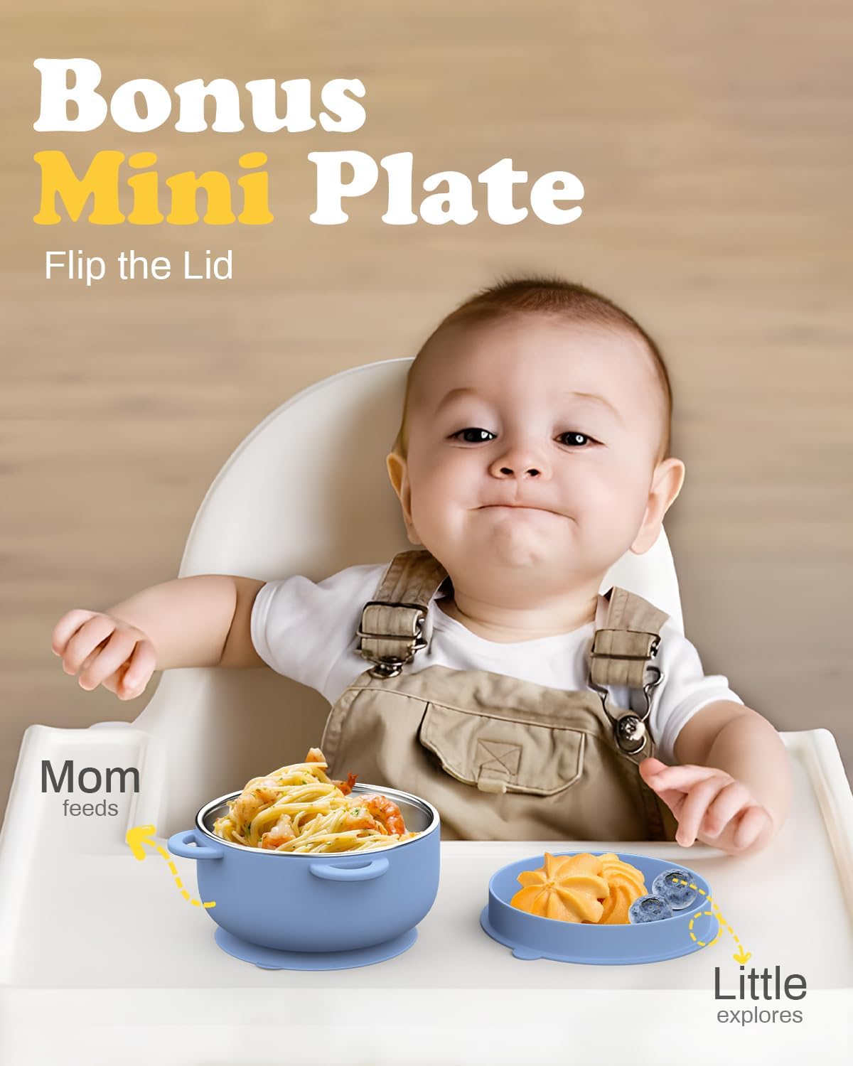 Baby Suction Bowls with Lids 4-Pack, 2-in-1 Stainless Steel 304 Toddler Bowl & Removable Silicone Suction Kids Bowl Plate Set Non Toxic Snack Dishes for Self-Feeding, Twilight Meadow