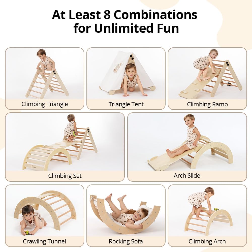 Pikler Triangle Set with Cushion, 8-in-1 Toddler Climbing Toys Indoor, Wooden Montessori Climbing Set with Arch Ramp,Ladder&Tent Cloth, Baby Indoor Climber Jungle Gyms for Toddlers Toy, Natural