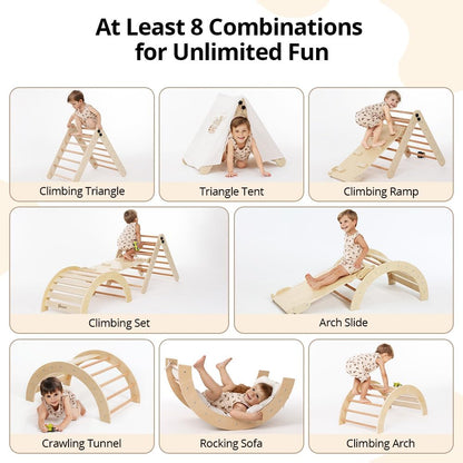 Pikler Triangle Set with Cushion, 8-in-1 Toddler Climbing Toys Indoor, Wooden Montessori Climbing Set with Arch Ramp,Ladder&Tent Cloth, Baby Indoor Climber Jungle Gyms for Toddlers Toy, Natural