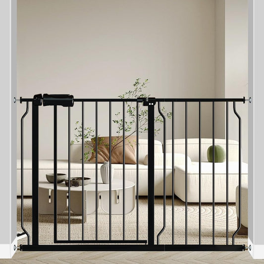 Fairy Baby Walk Through Baby Gate 43.5-48 Inch Wide, Pressure Mounted Safety Gate with Door No Drill, Black Tension Metal Gate for Dog and Toddler