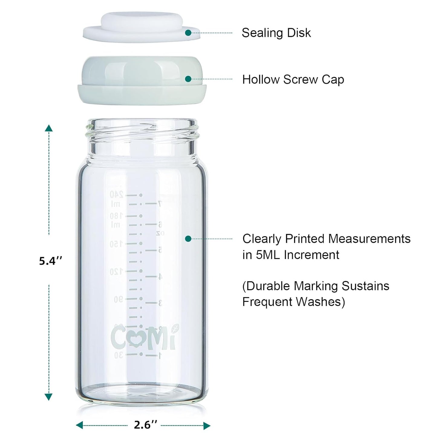 COMI Wide Neck Glass Breastmilk Collection n Storage Bottle, 8oz with Screw Ring Sealing Disk;