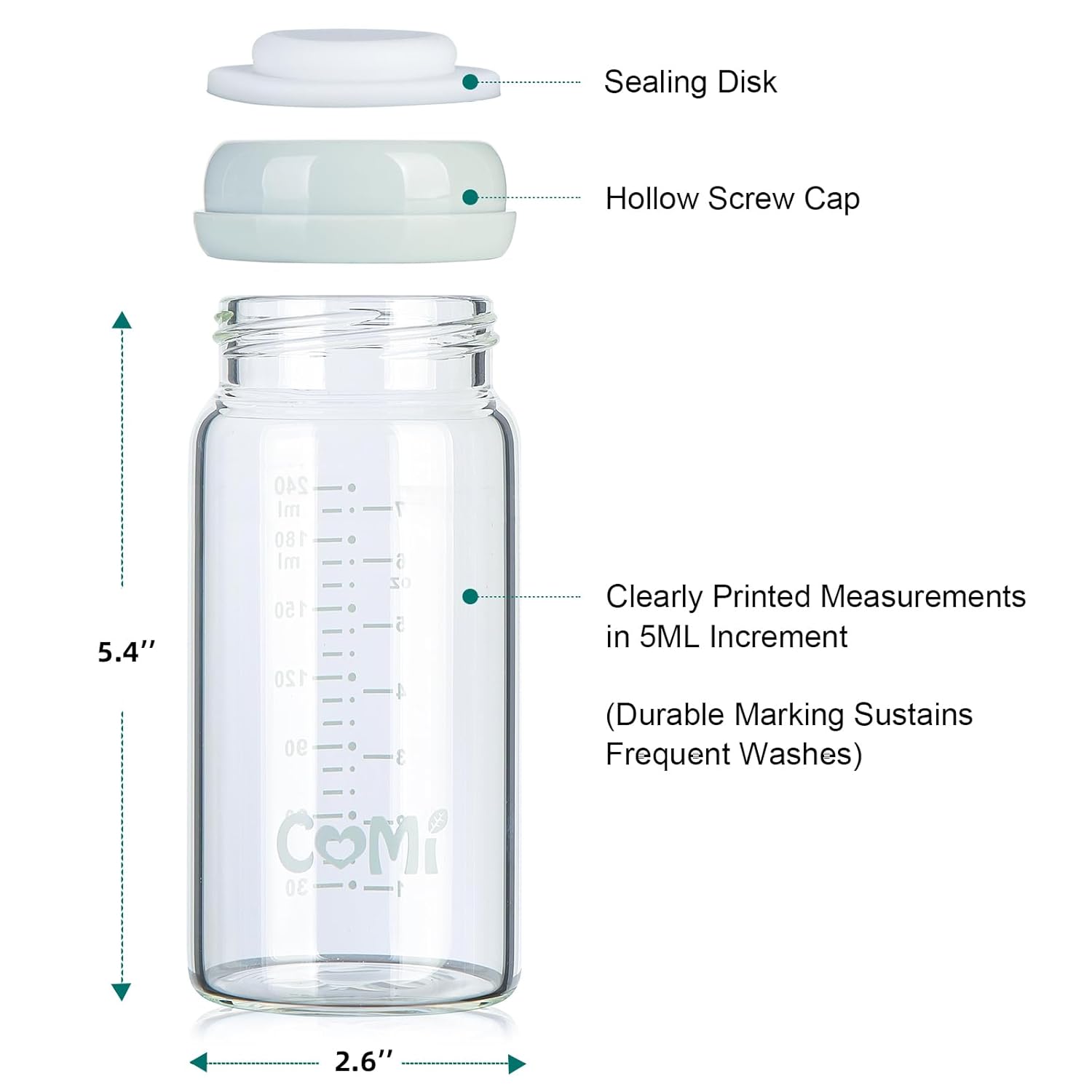 COMI Wide Neck Glass Breastmilk Collection n Storage Bottle, 8oz with Screw Ring Sealing Disk;