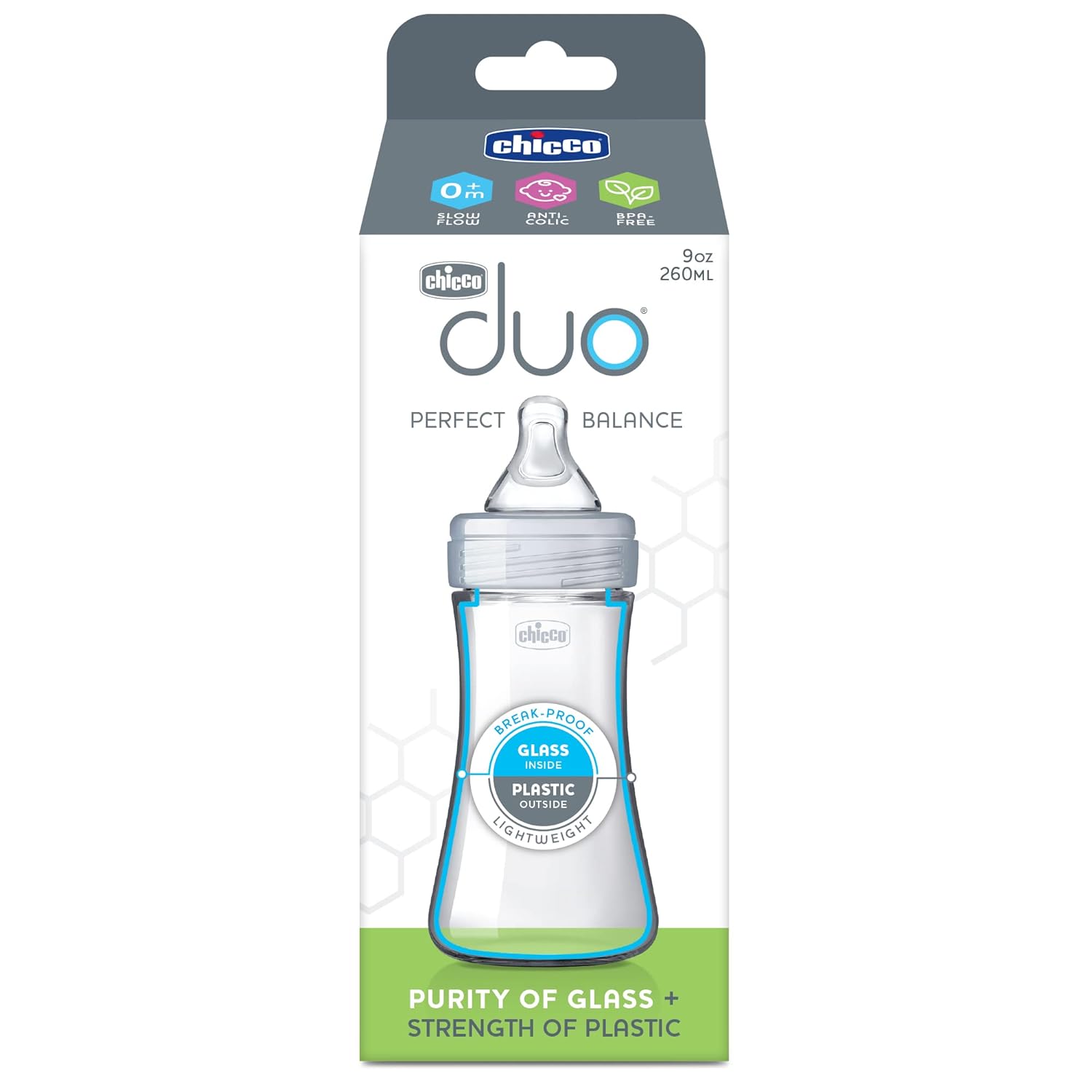Chicco Duo 9oz. Hybrid Baby Bottle with Invinci-Glass Inside and Plastic Outside | Dishwasher