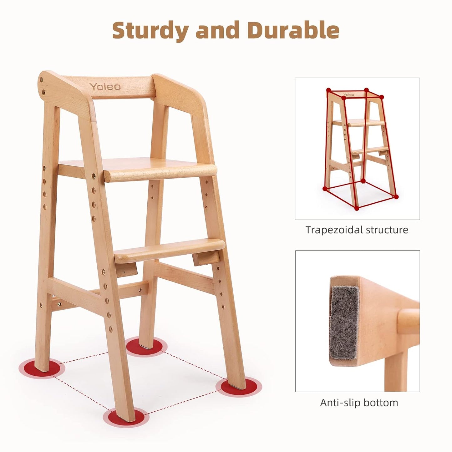 Wooden High Chair for Toddlers, Adjustable Feeding Chair with Removable Cushion for Child, High