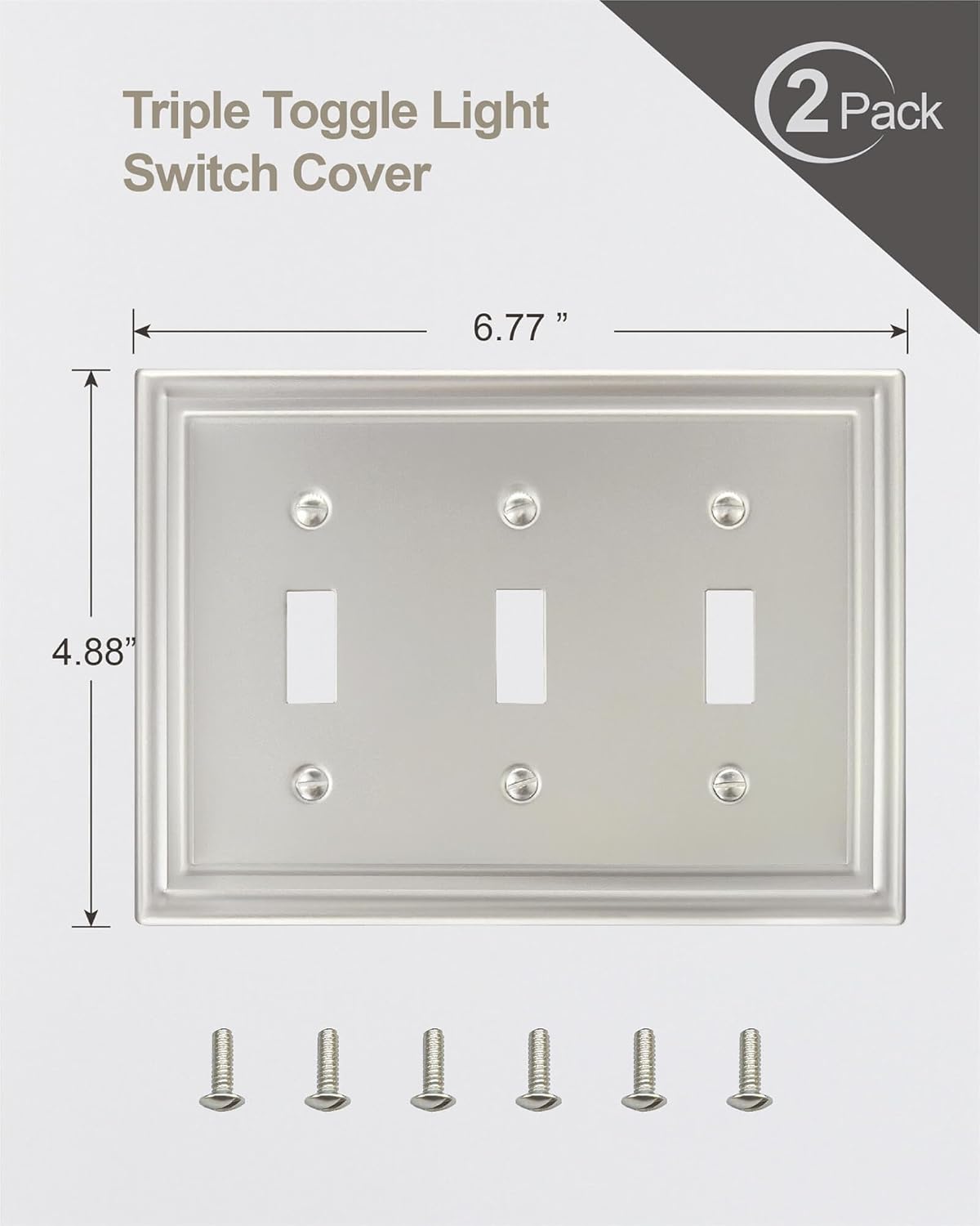 2-Pack Triple Toggle Wall Plate, Satin Nickel Light Switch Cover, Metal Switch Covers Wall Plate