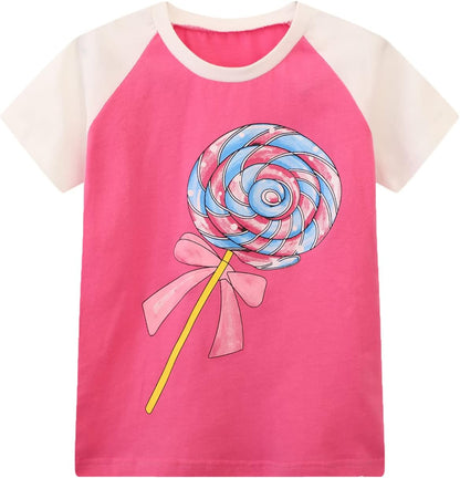 HILEELANG Girls' Tees Ruffle Short Sleeve T-Shirt Cotton Casual Graphic Summer Crewneck Tunic Tops