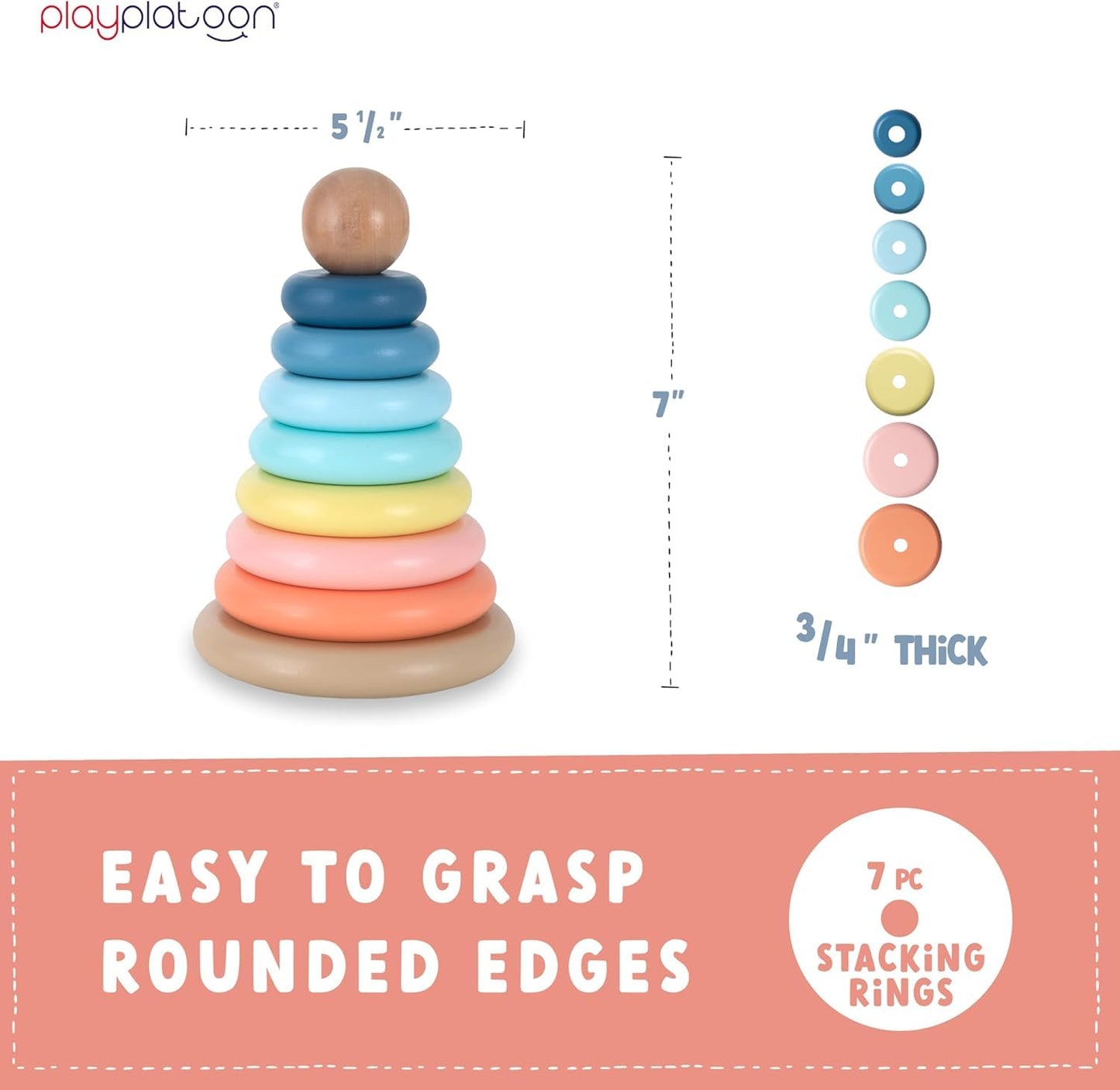 Play Platoon Wooden Rainbow Stacking Toy Ring Stacker, Educational Interactive Learning Toys