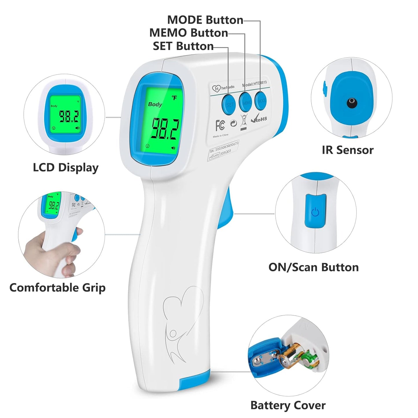 Digital Thermometer for Adults and Kids, No Touch Forehead Thermometer for Baby, 2 in 1 Body