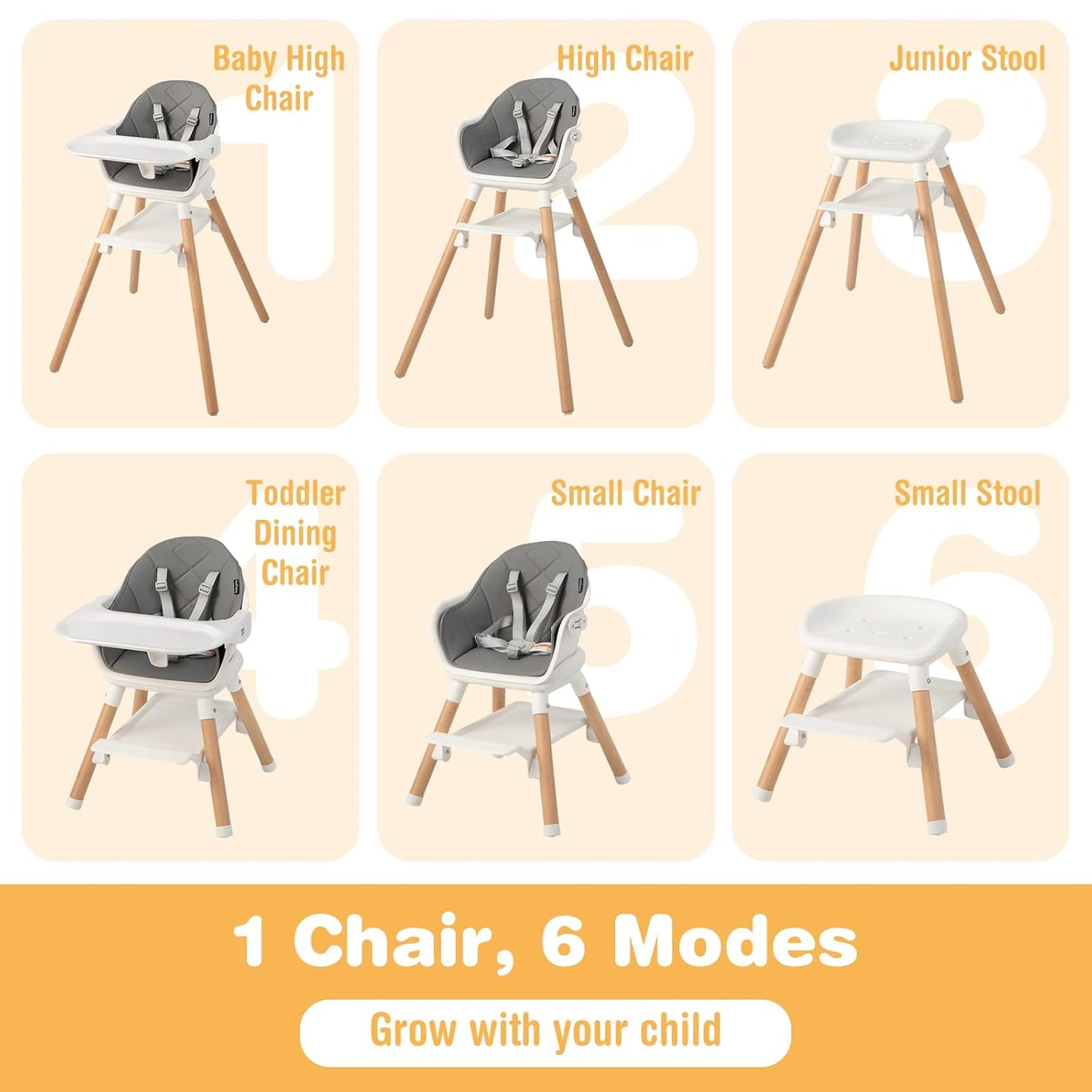 BABY JOY Baby High Chair, 6 in 1 Convertible Wooden High Chair for Babies & Toddlers with