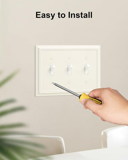 2-Pack Triple Toggle Light Switch Cover Plate, Durable Natural Bamboo Fiber Decorative Switch Plate Covers, Light Almond 3 Gang Wall Plate, Corrosion Resistant