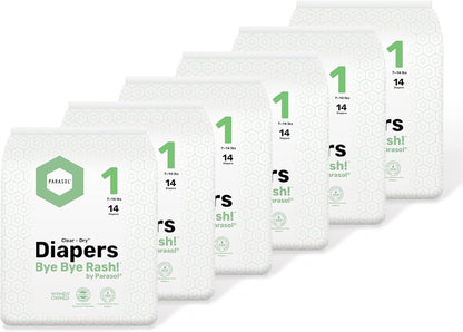 PARASOL Clear+Dry Disposable Diapers | RashShield Protection, Leakproof Design, Hypoallergenic | Size 1, (7-14 lbs) 84 Count