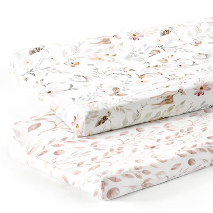 GRSSDER Stretch Ultra Soft Jersey Knit Changing Pad Cover Set 2 Pack, Change Table Pad Covers Fit 32"/34" x 16" Pads Safe and Snug, Beautiful Blush Pink Floral and Cute Animals Print for Girls