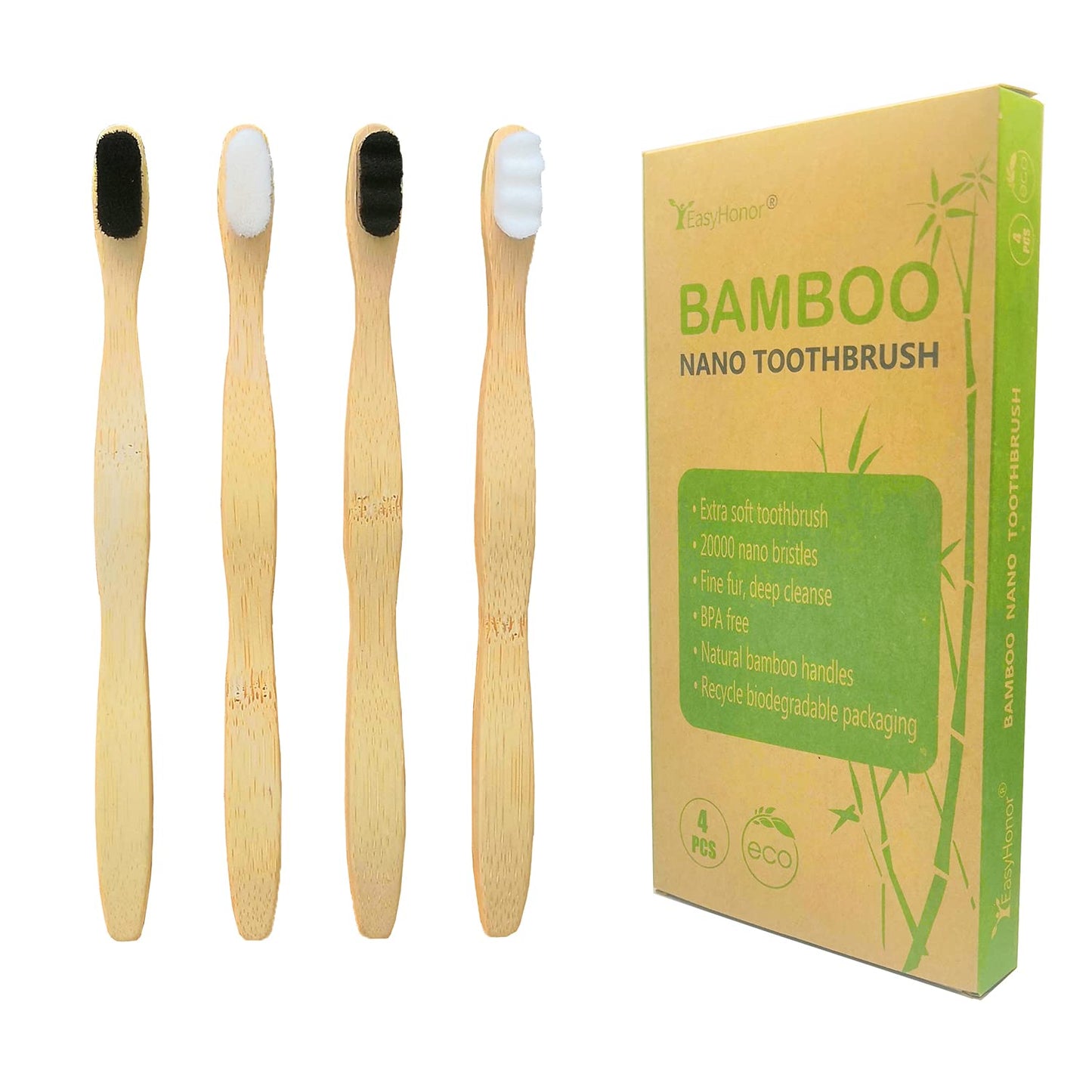 EasyHonor Extra Soft Toothbrush, Natural Bamboo Toothbrush with Micro Fur Ultra Soft 20,000