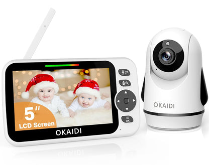 Video Baby Monitor with Camera and Audio, 5" Display Baby Monitor No WiFi, 30H Battery and 1000ft Range, Remote Pan-Tilt-Zoom Baby Camera, Night Vision, 2-Way Talk, ECO, Temperature, Lullaby