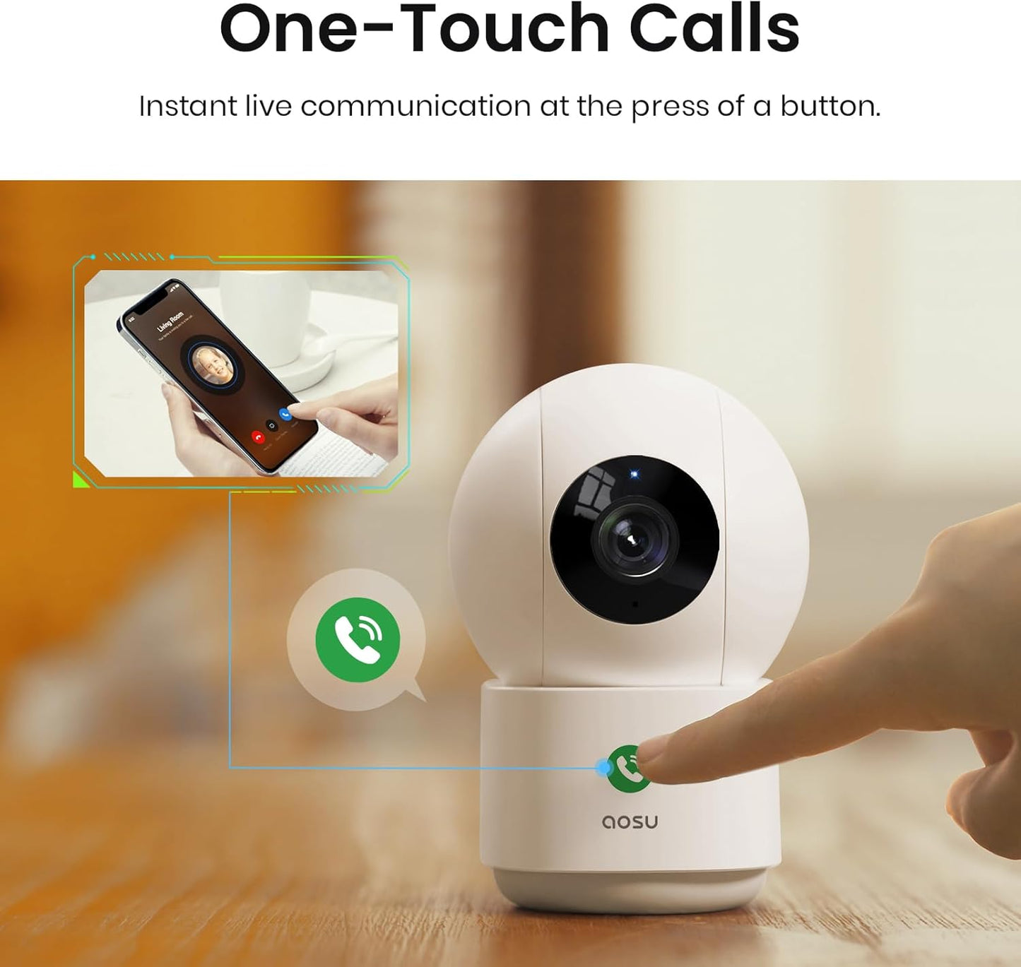 AOSU 2K Security Camera Indoor, Baby Monitor Pet Camera One-Touch Call, Smart Motion Tracking, IR Night Vision, Compatible with Alexa, 2 Pack