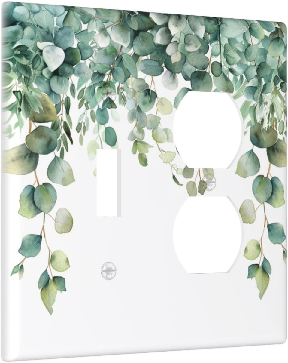 Decorative Outlet Covers Rustic Green Eucalyptus Leaves 2 Gang Wall Plate Cover Single Toggle Duplex Combo Two Switch Light Switch Cover Plate Jumbo Dual GFCI Faceplate for Home Decor