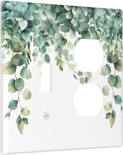 Decorative Outlet Covers Rustic Green Eucalyptus Leaves 2 Gang Wall Plate Cover Single Toggle Duplex Combo Two Switch Light Switch Cover Plate Jumbo Dual GFCI Faceplate for Home Decor