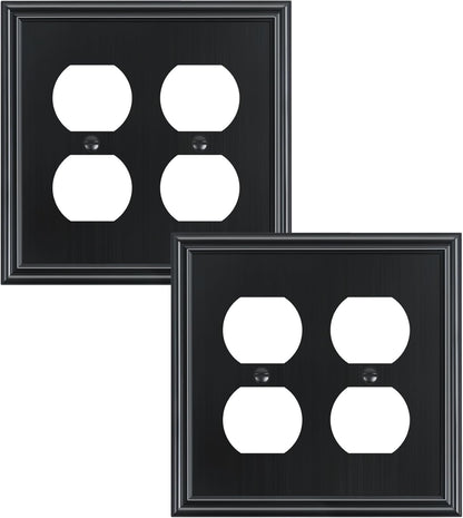 2-Pack Double Duplex Outlet Cover, Black Decorative Switch Plates and Outlet Covers for Electrical Outlets, Durable Zinc Alloy Wall Plates, 2 Gang Receptacle Cover, Corrosion Resistant