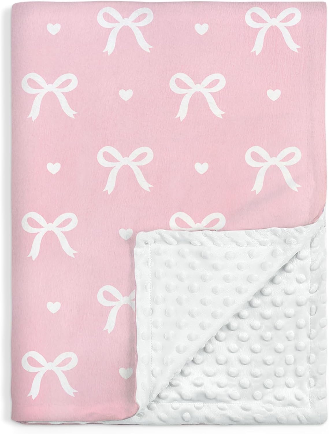 Bow Minky Baby Blanket 30 x 40 Inches for Girls, Soft Plush Receiving Blanket with Dotted Back