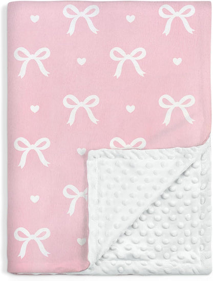 Bow Minky Baby Blanket 30 x 40 Inches for Girls, Soft Plush Receiving Blanket with Dotted Back
