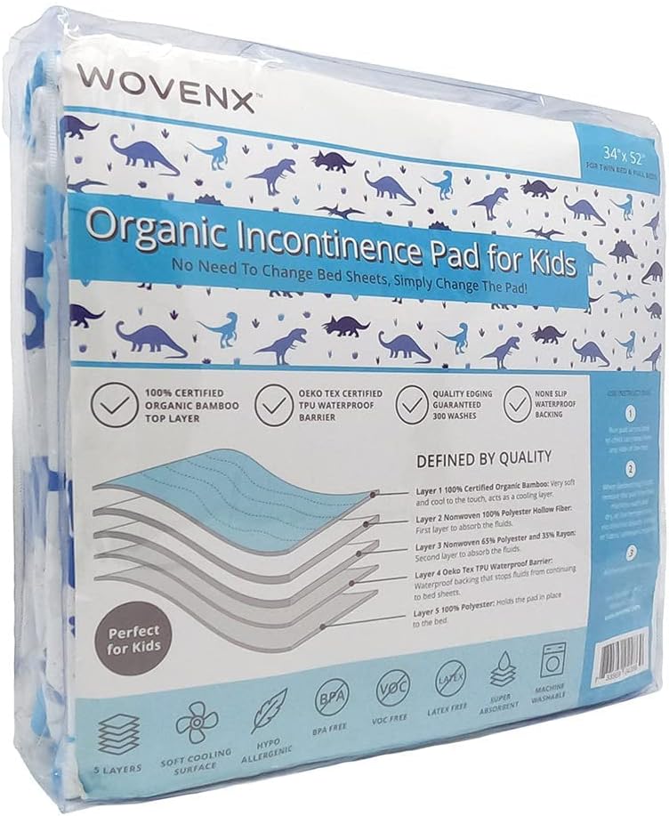 Organic Incontinence Pads for Kids & Toddlers - 5 Layer Waterproof Protectors for Overnight Bed
