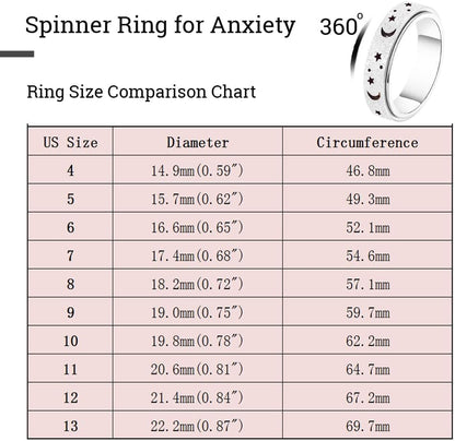 Anxiety Ring for Women Men, Titanium Stainless Steel Spinner Ring, 5 Colors, 6MM, Size 6-10, 3 Styles Anxiety Ring-Moon Star, Sandblasted Finished, Hollow Outer