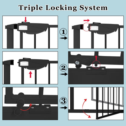 WAOWAO Triple Lock Baby Gate Extra Wide 76.77-81.49" Pressure Mounted Walk Through Swing Auto Close Safety Black Metal Dog Pet Puppy Cat for Stairs,Doorways,Kitchen