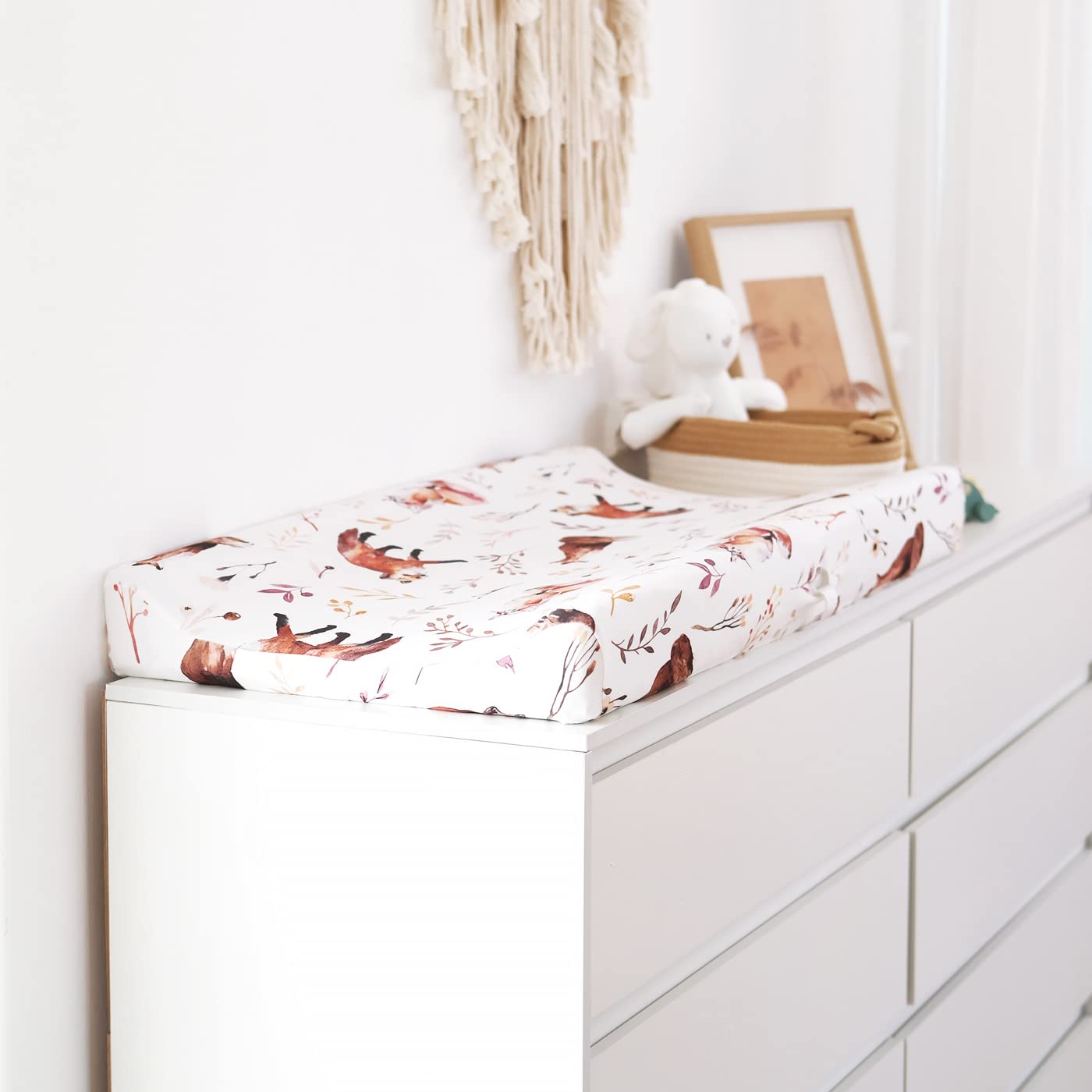 GRSSDER Stretch Ultra Soft Jersey Knit Changing Pad Cover Set 2 Pack, Change Table Pad Covers Fit 32"/34" x 16" Pads Safe and Snug, Cute Diaper Change Table Sheets for Girls, Fox Pattern for Baby