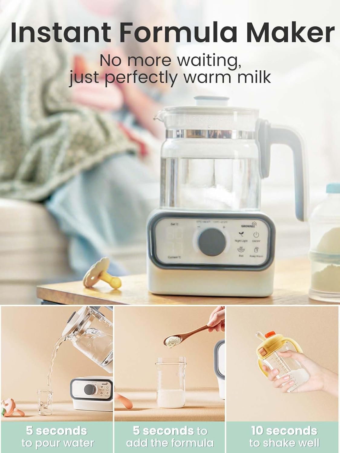GROWNSY Baby Instant Warmer, Glass Water Boiler with Accurate Temperature Control for Formula