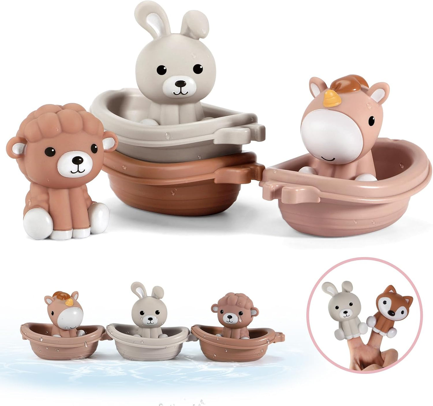 Nueplay Bathtub Toys for Toddlers 18M+，Baby Bath Toys with Animal Finger Puppets，Stackable Boat