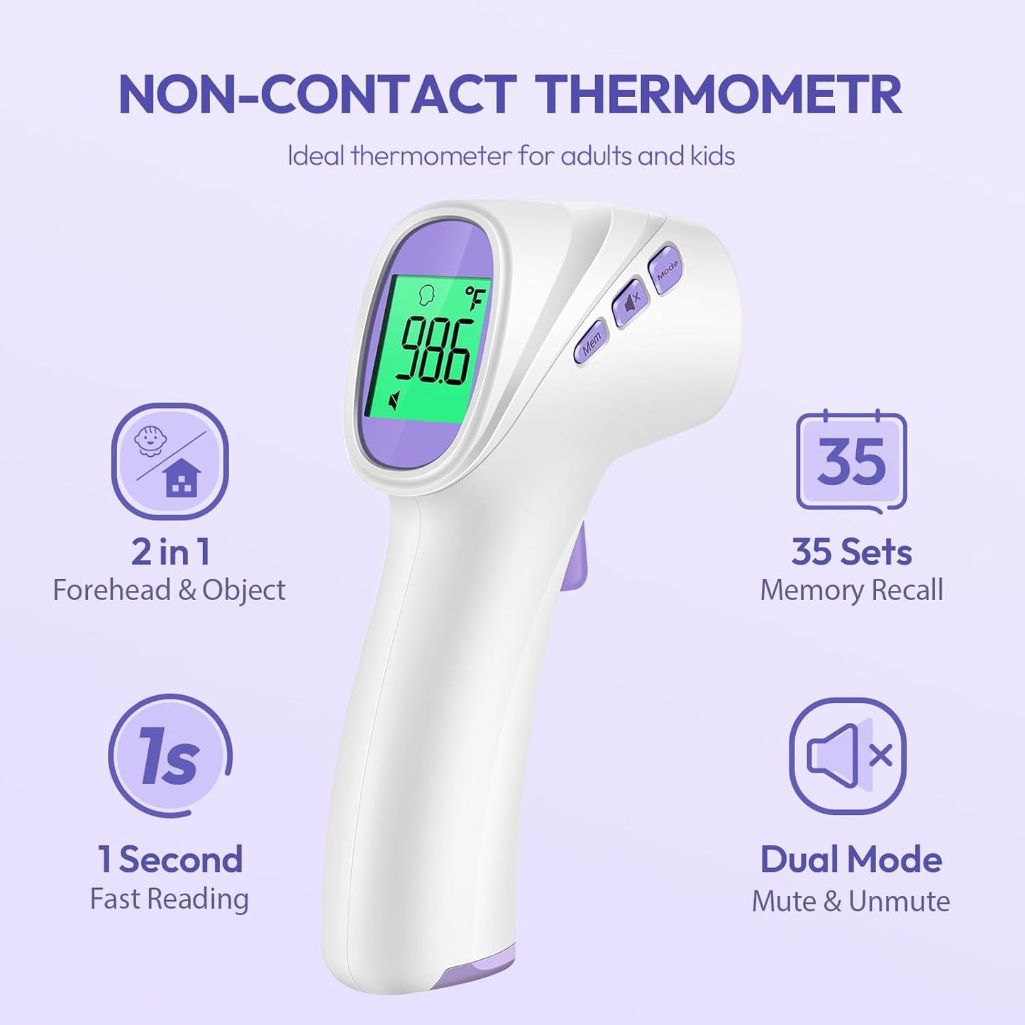 Forehead Thermometer for Adults, Kids & Babies, No-Touch Digital Thermometer with LCD Backlight